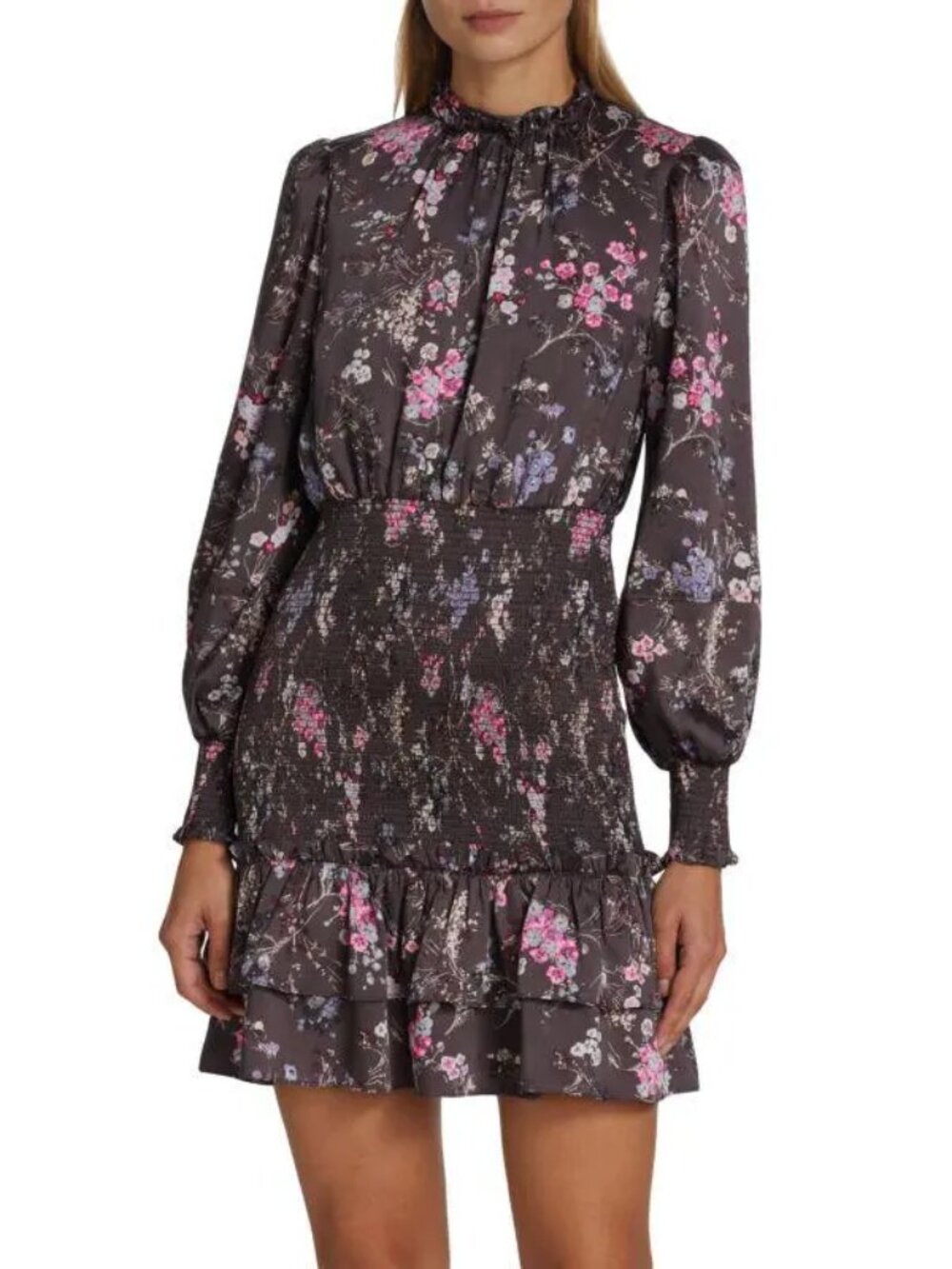 CINQ À SEPT 'Arabelle' Sakura Floral Smocked Mini-Dress, Asphalt Multi